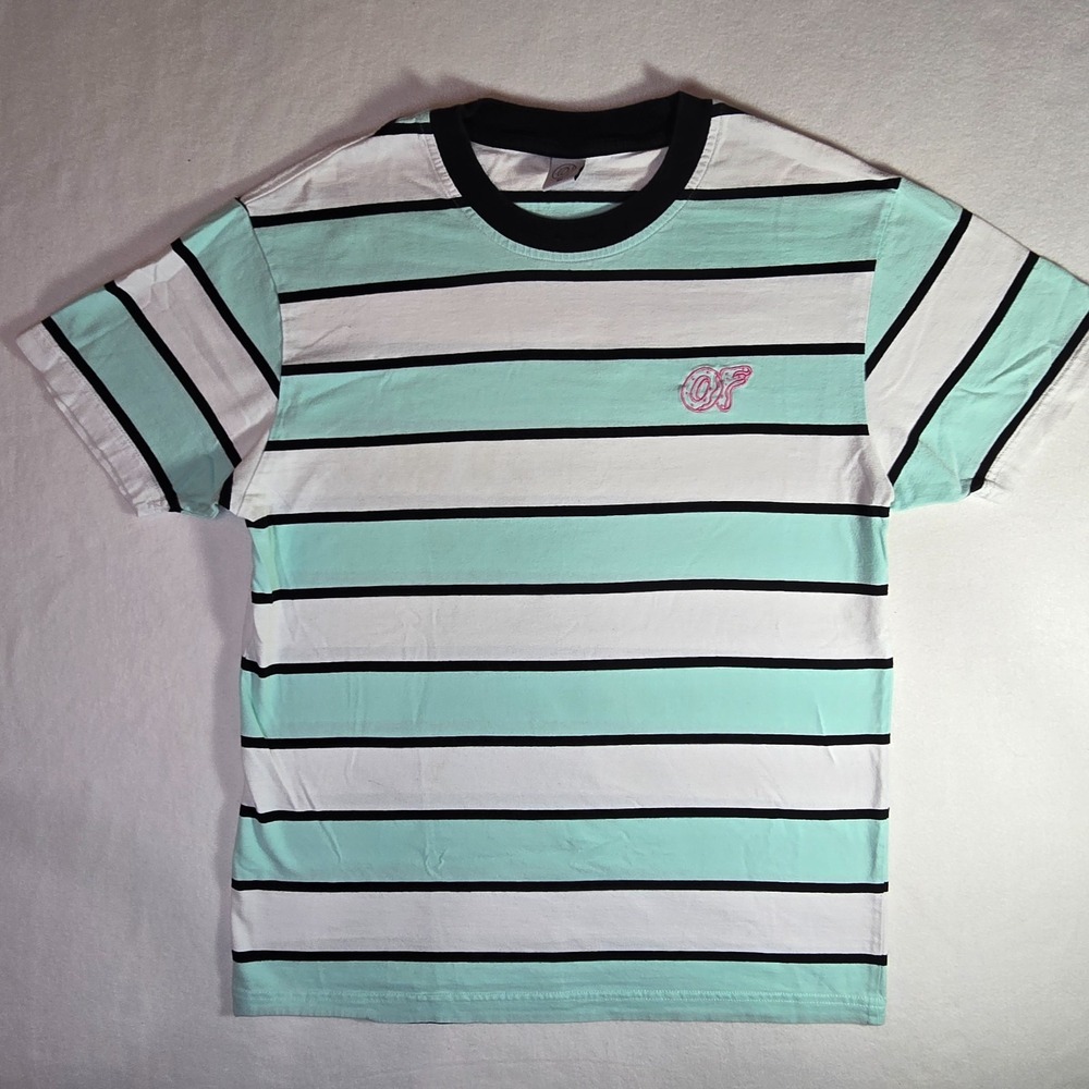Odd Future Clothing Co teal, white, black striped shirt. Pink Donut Logo. Size M